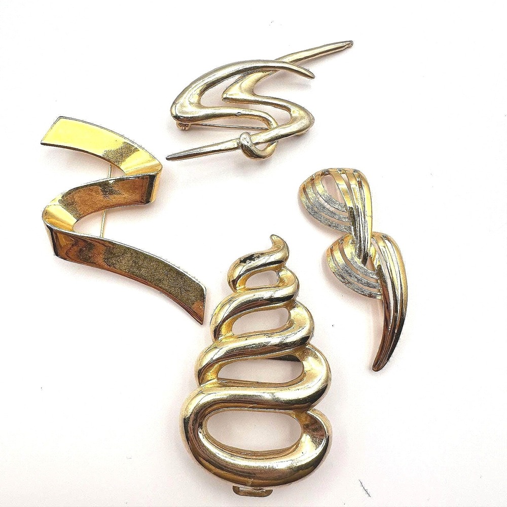 Vintage 80s 90s‎ Gold Tone Abstract Brooch Pins Set Ribbon Geometric Modernist